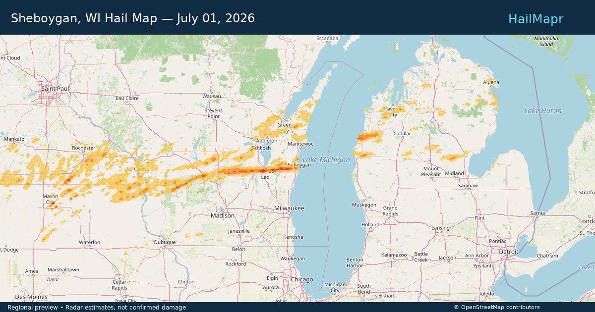 Sheboygan, WI Hail Map — July 01, 2026 — regional heatmap and storm polygons