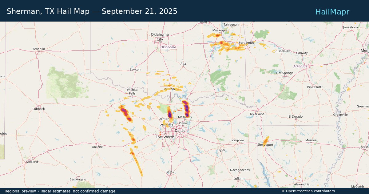 Sherman, TX Hail Map — September 21, 2025 — regional heatmap and storm polygons