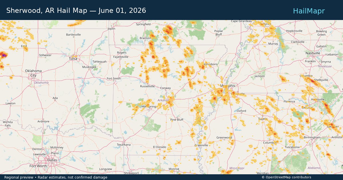 Sherwood, AR Hail Map — June 01, 2026 — regional heatmap and storm polygons