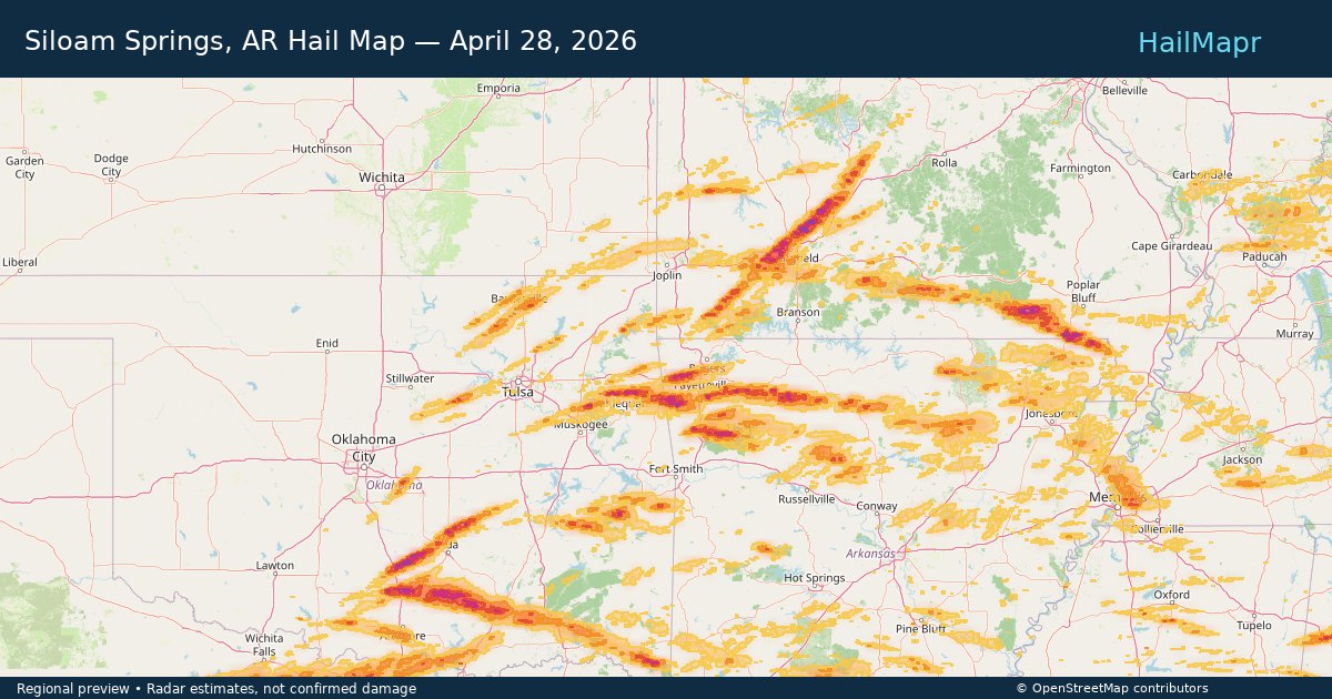 Siloam Springs, AR Hail Map — April 28, 2026 — regional heatmap and storm polygons
