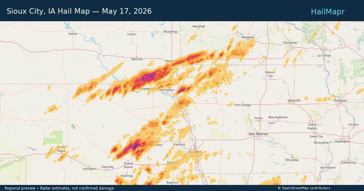 Sioux City, IA Hail Map — May 17, 2026 — regional heatmap and storm polygons