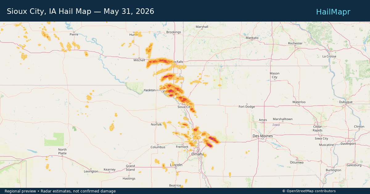 Sioux City, IA Hail Map — May 31, 2026 — regional heatmap and storm polygons