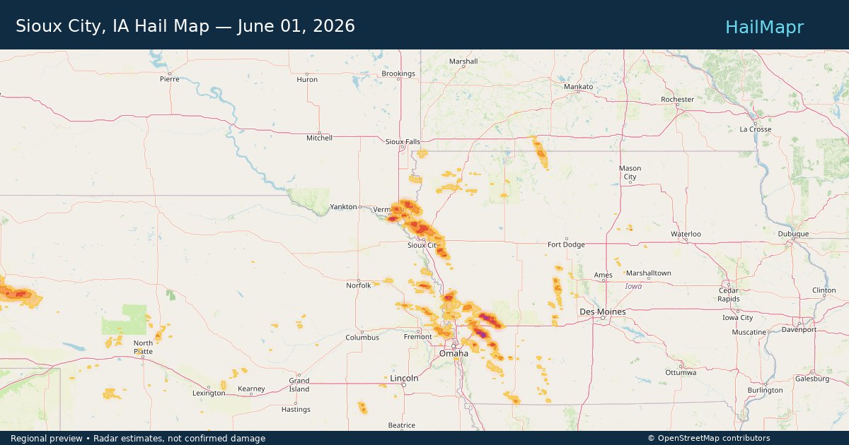 Sioux City, IA Hail Map — June 01, 2026 — regional heatmap and storm polygons