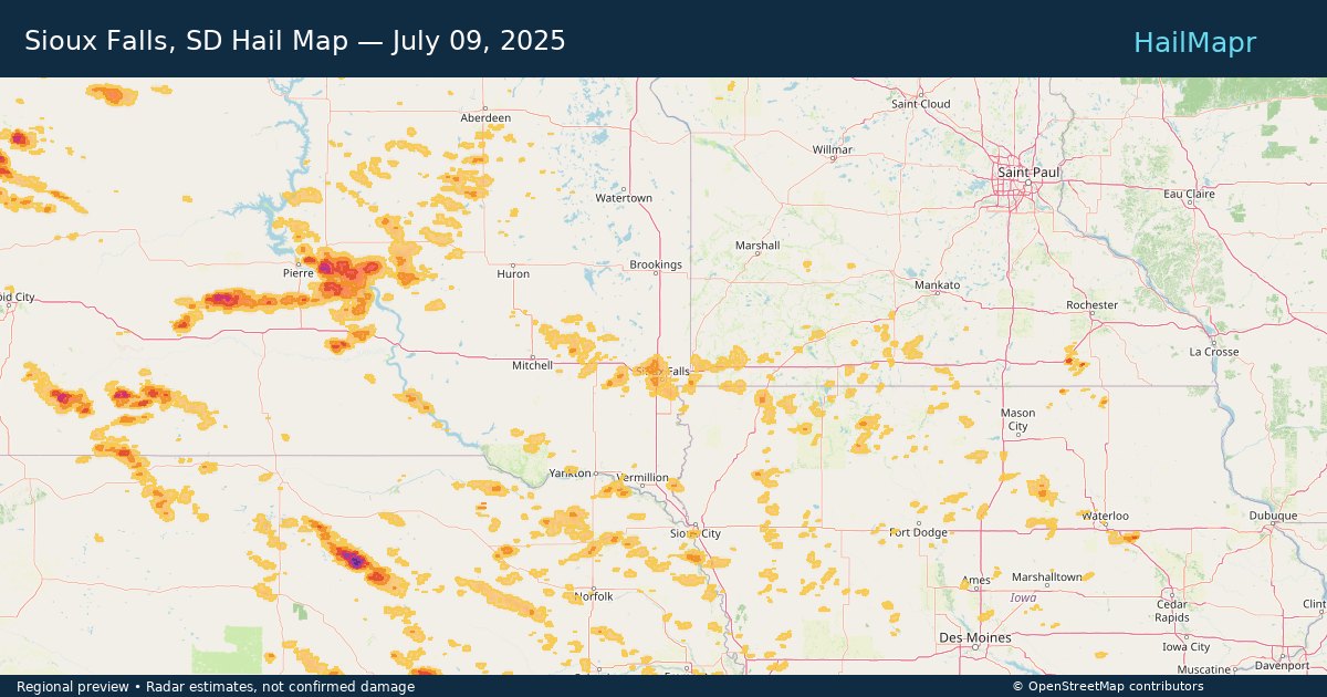 Sioux Falls, SD Hail Map — July 09, 2025 — regional heatmap and storm polygons