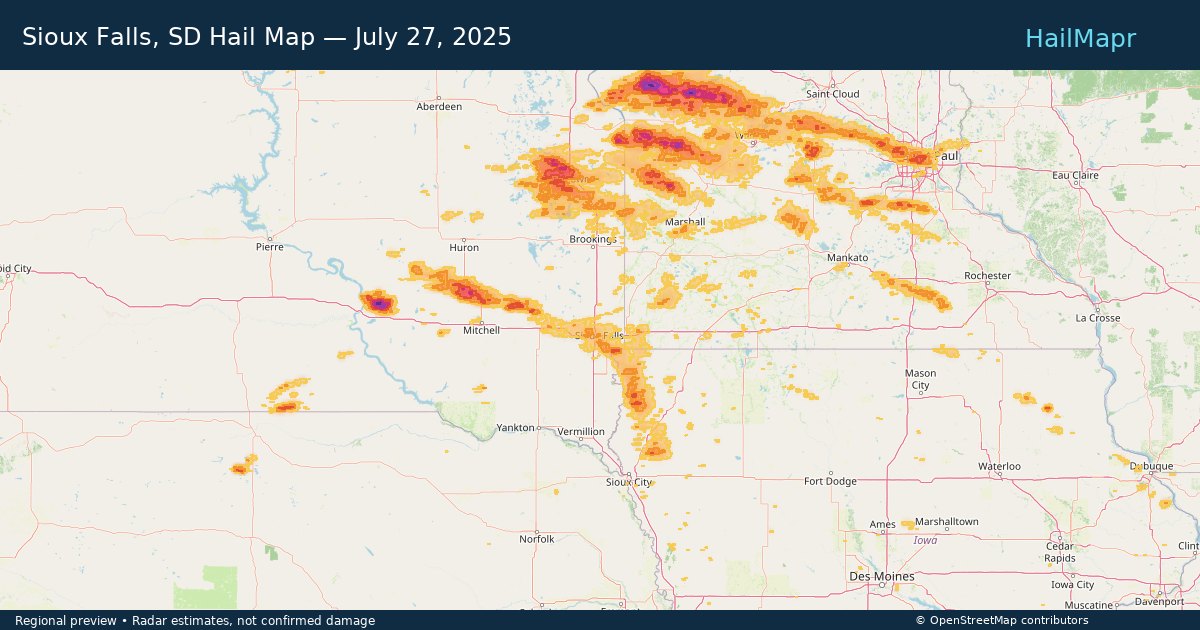 Sioux Falls, SD Hail Map — July 27, 2025 — regional heatmap and storm polygons