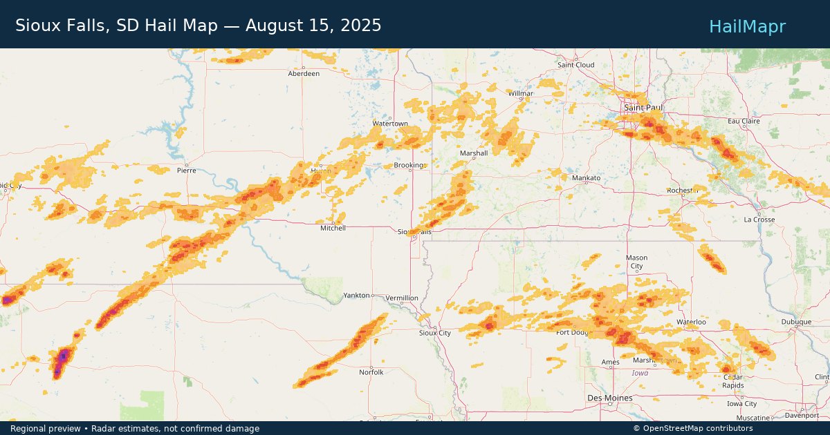 Sioux Falls, SD — August 15, 2025 — regional hail footprint preview