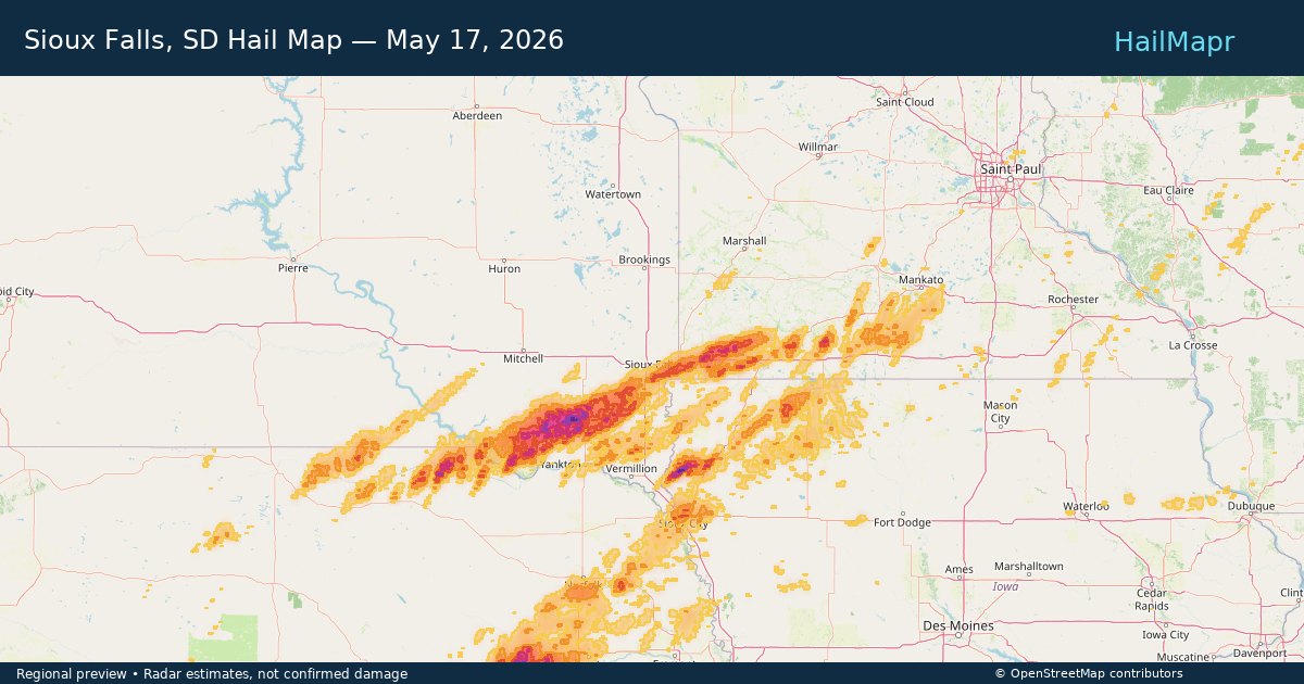 Sioux Falls, SD Hail Map — May 17, 2026 — regional heatmap and storm polygons