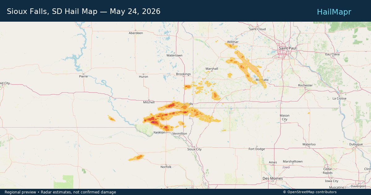 Sioux Falls, SD Hail Map — May 24, 2026 — regional heatmap and storm polygons