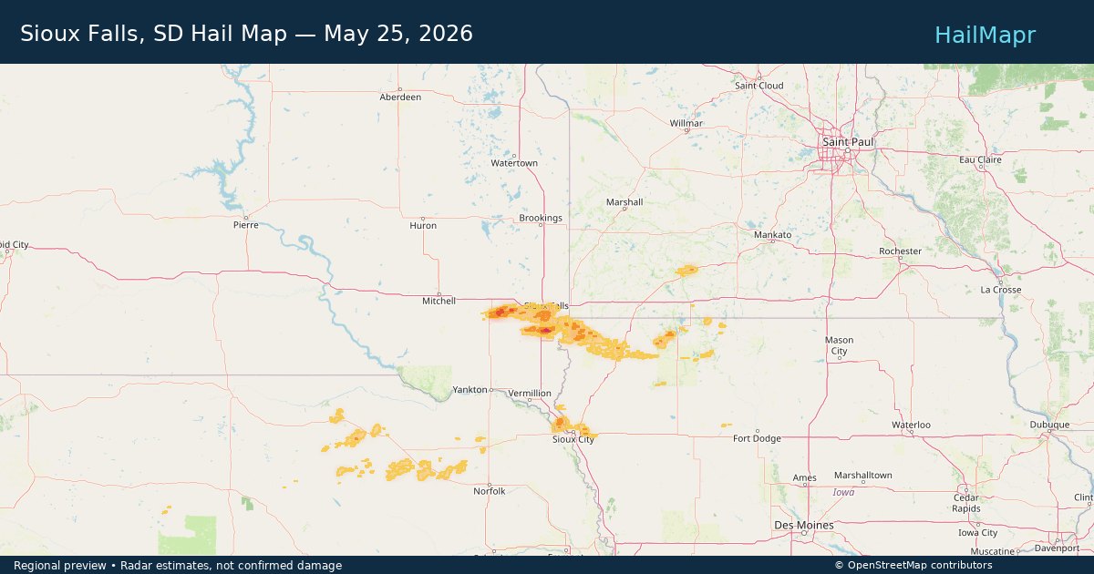 Sioux Falls, SD Hail Map — May 25, 2026 — regional heatmap and storm polygons