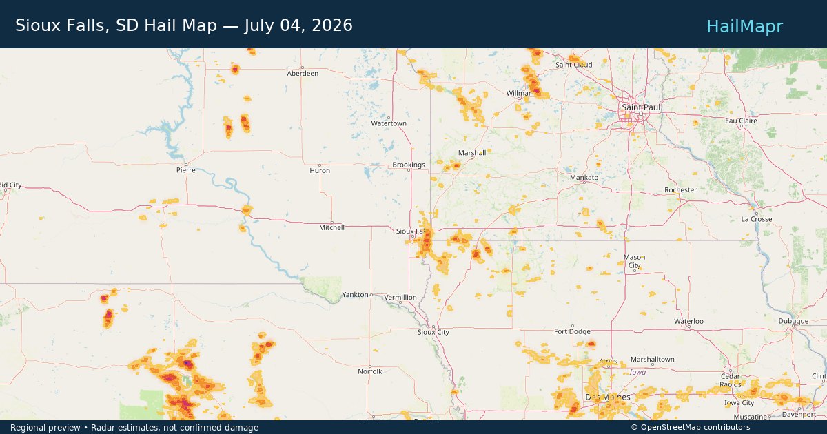 Sioux Falls, SD Hail Map — July 04, 2026 — regional heatmap and storm polygons