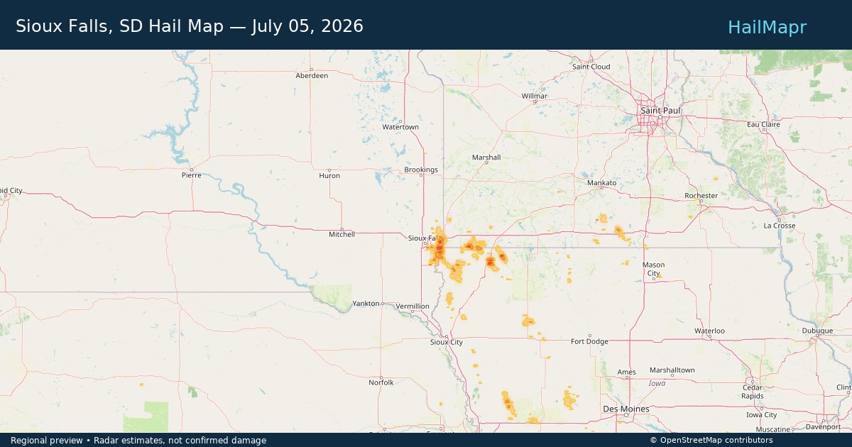 Sioux Falls, SD — July 05, 2026 — regional hail footprint preview