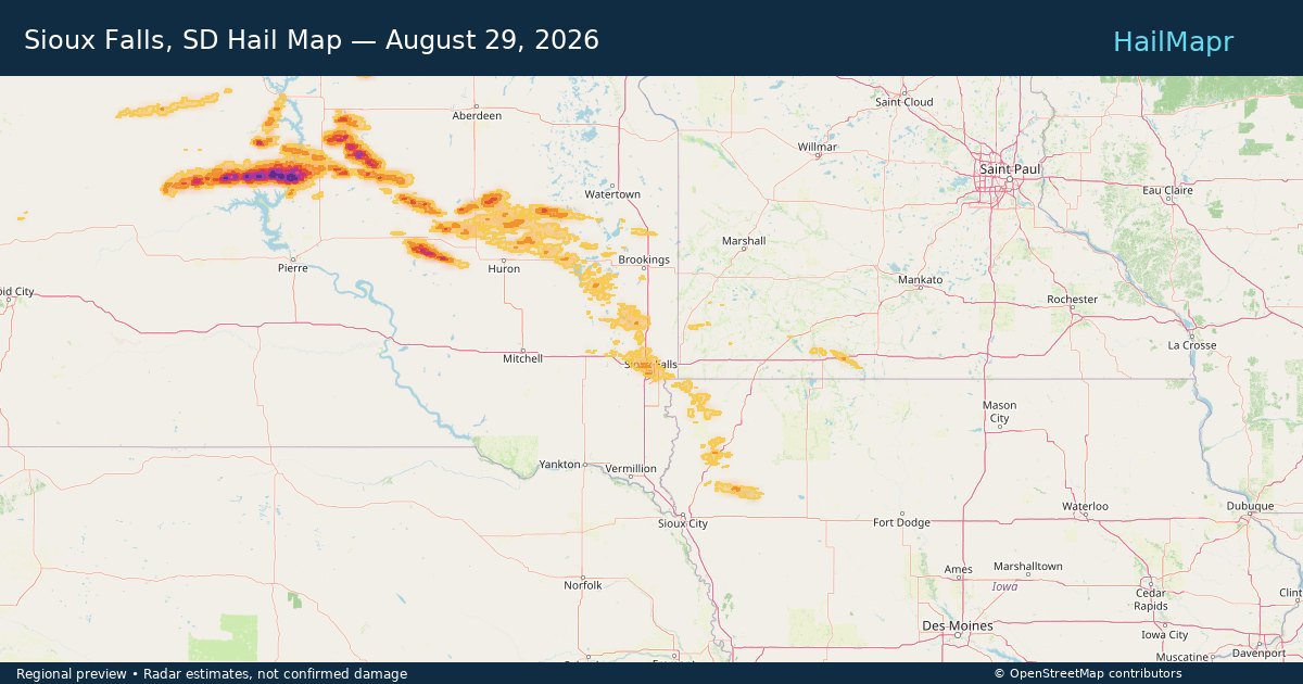 Sioux Falls, SD Hail Map — August 29, 2026 — regional heatmap and storm polygons