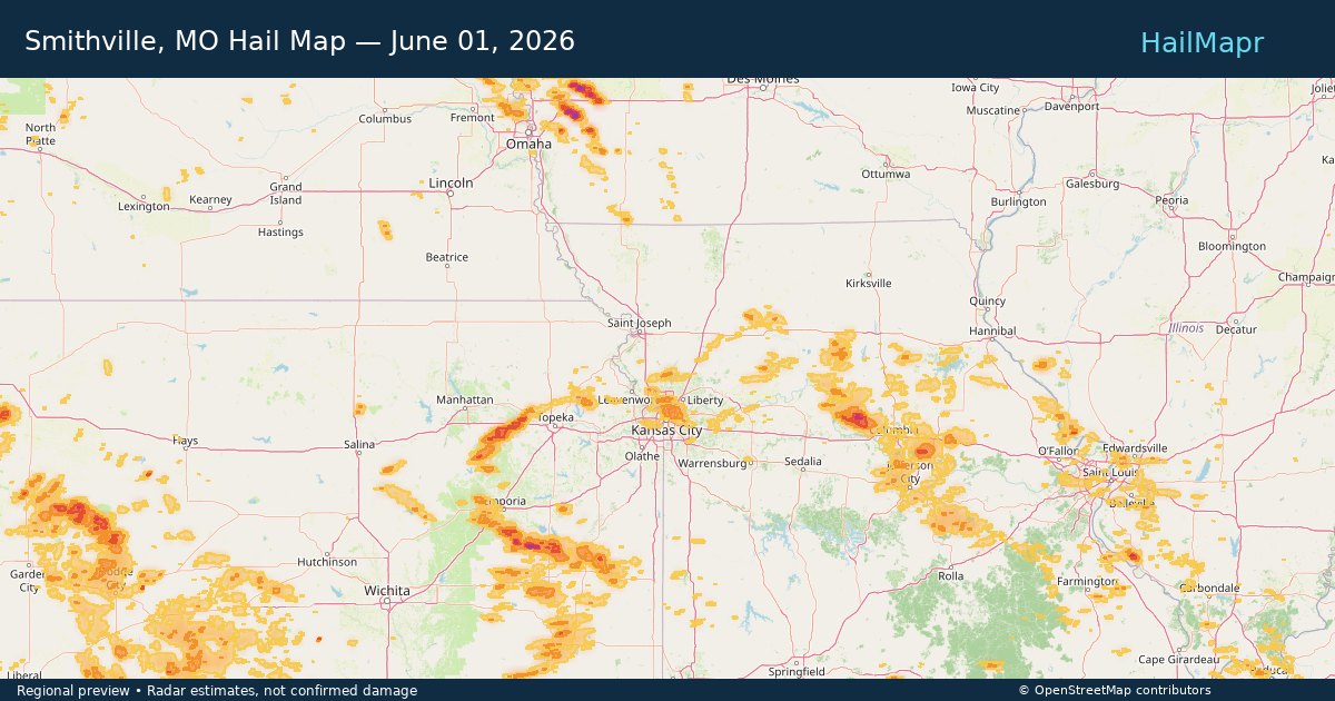 Smithville, MO — June 01, 2026 — regional hail footprint preview
