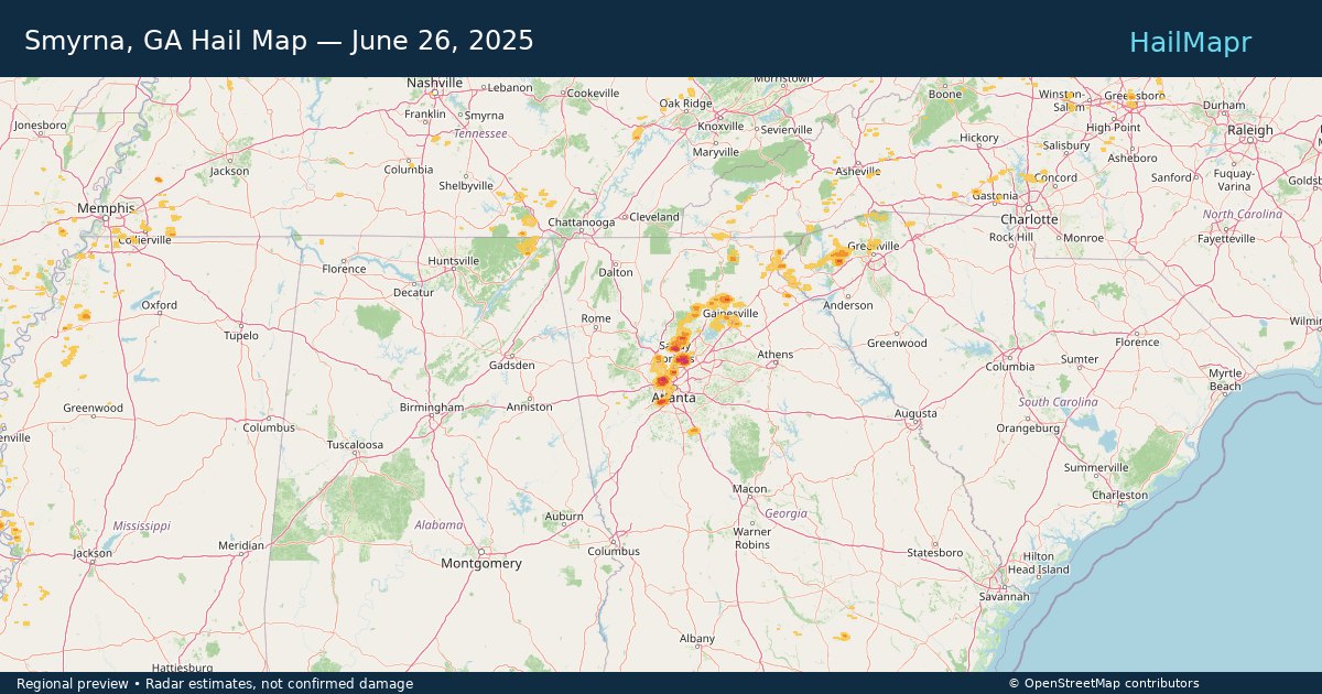 Smyrna, GA — June 26, 2025 — regional hail footprint preview
