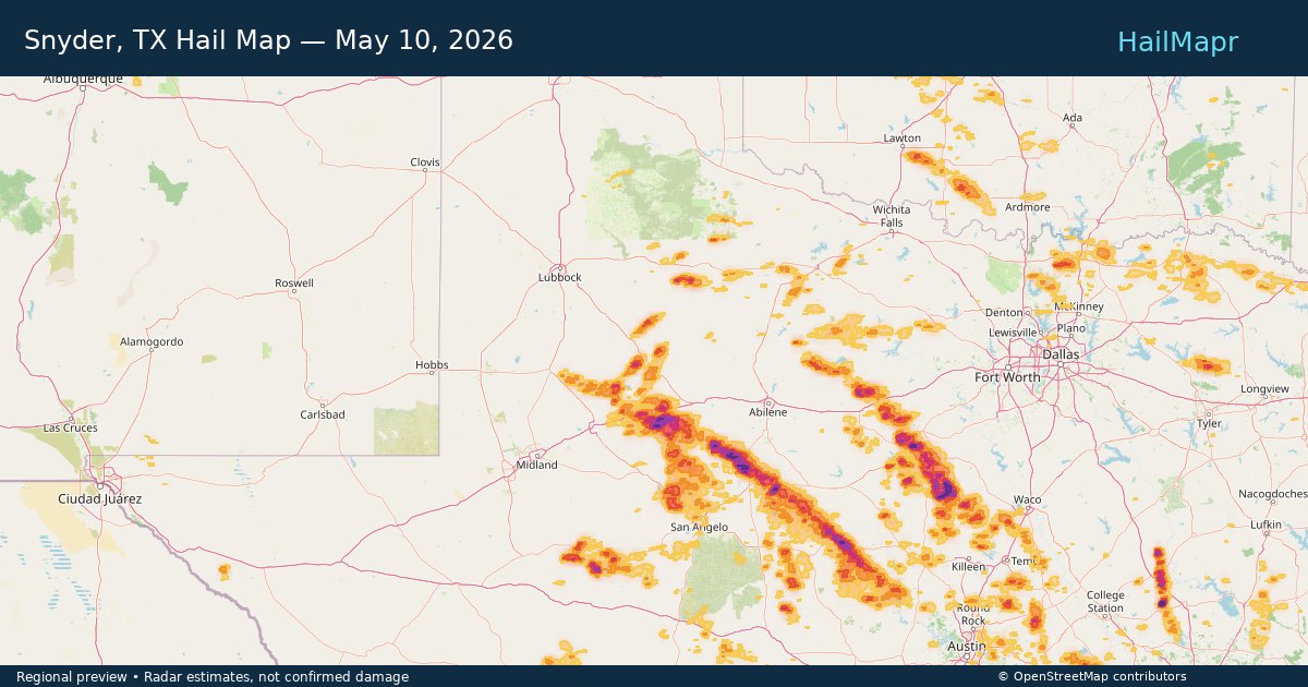 Snyder, TX Hail Map — May 10, 2026 — regional heatmap and storm polygons