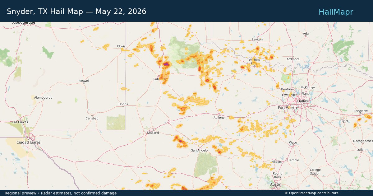 Snyder, TX Hail Map — May 22, 2026 — regional heatmap and storm polygons