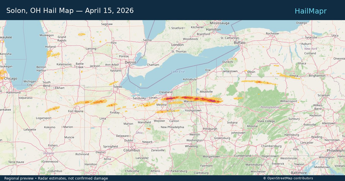 Solon, OH Hail Map — April 15, 2026 — regional heatmap and storm polygons