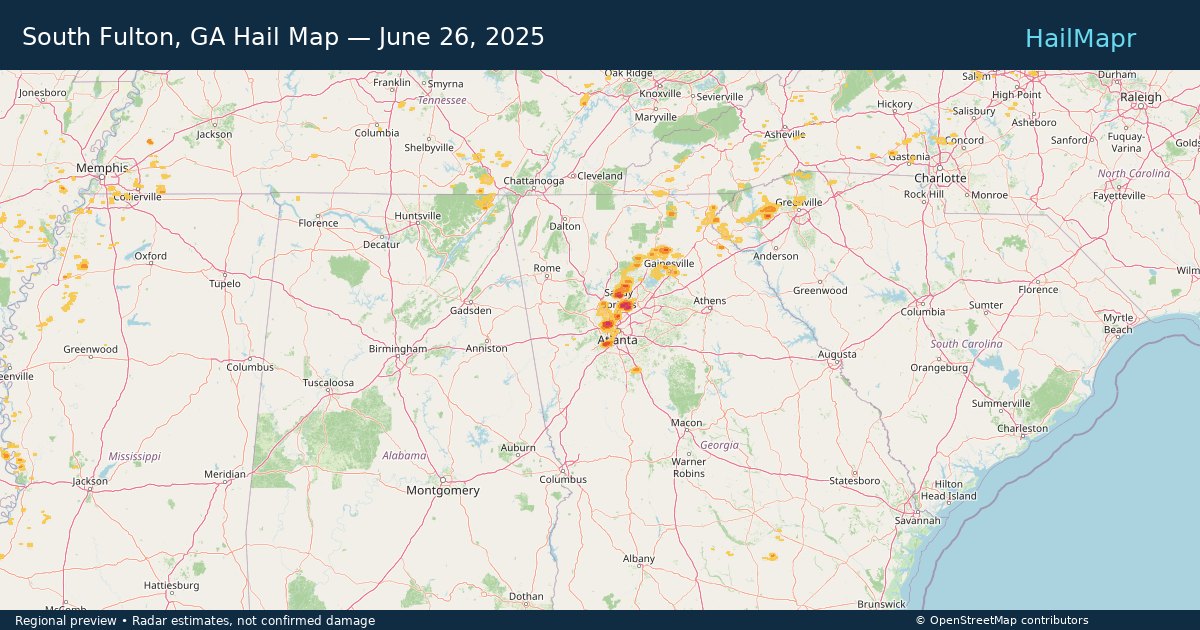 South Fulton, GA — June 26, 2025 — regional hail footprint preview