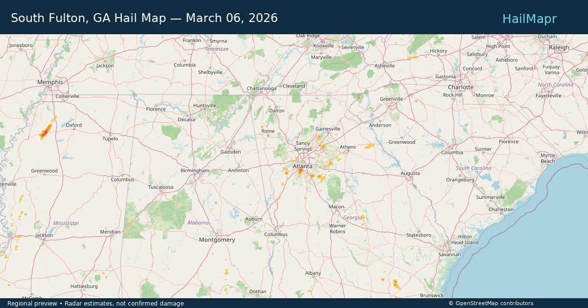 South Fulton, GA Hail Map — March 06, 2026 — regional heatmap and storm polygons