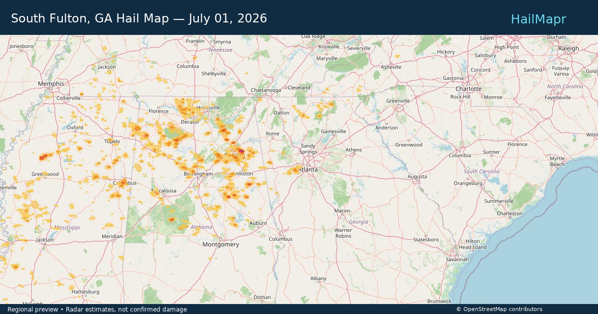 South Fulton, GA Hail Map — July 01, 2026 — regional heatmap and storm polygons