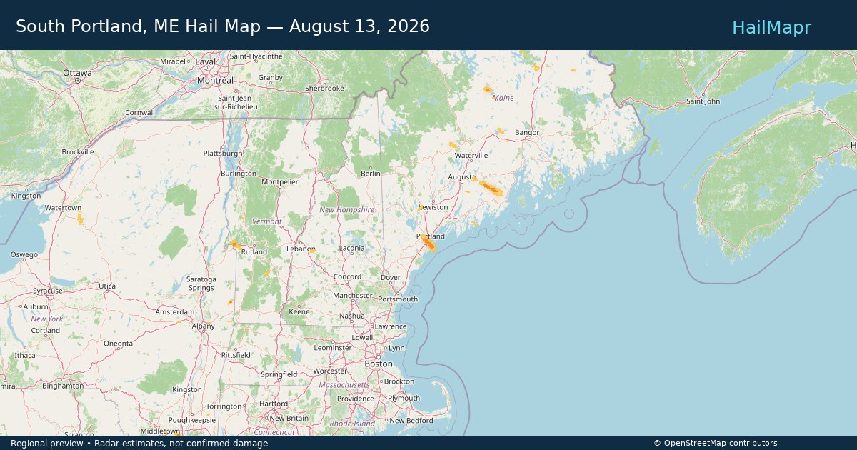South Portland, ME Hail Map — August 13, 2026 — regional heatmap and storm polygons