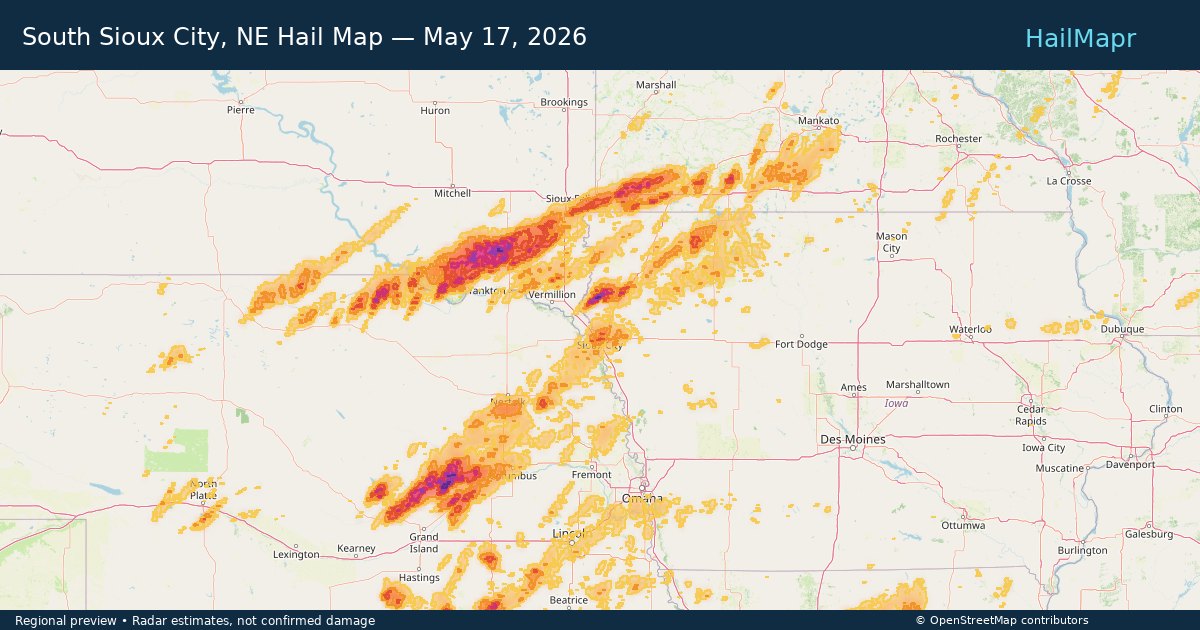 South Sioux City, NE Hail Map — May 17, 2026 — regional heatmap and storm polygons