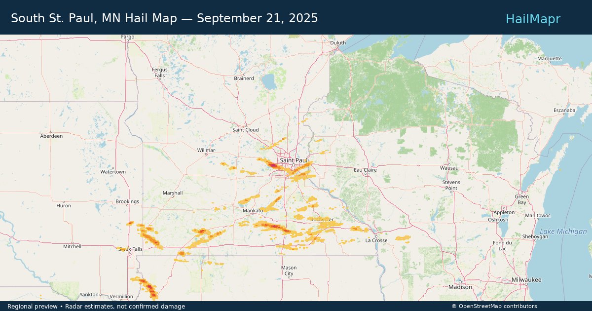South St. Paul, MN Hail Map — September 21, 2025 — regional heatmap and storm polygons