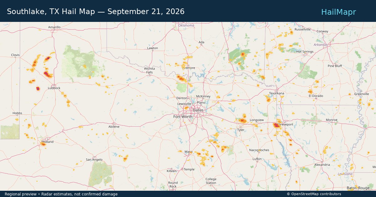 Southlake, TX Hail Map — September 21, 2026 — regional heatmap and storm polygons