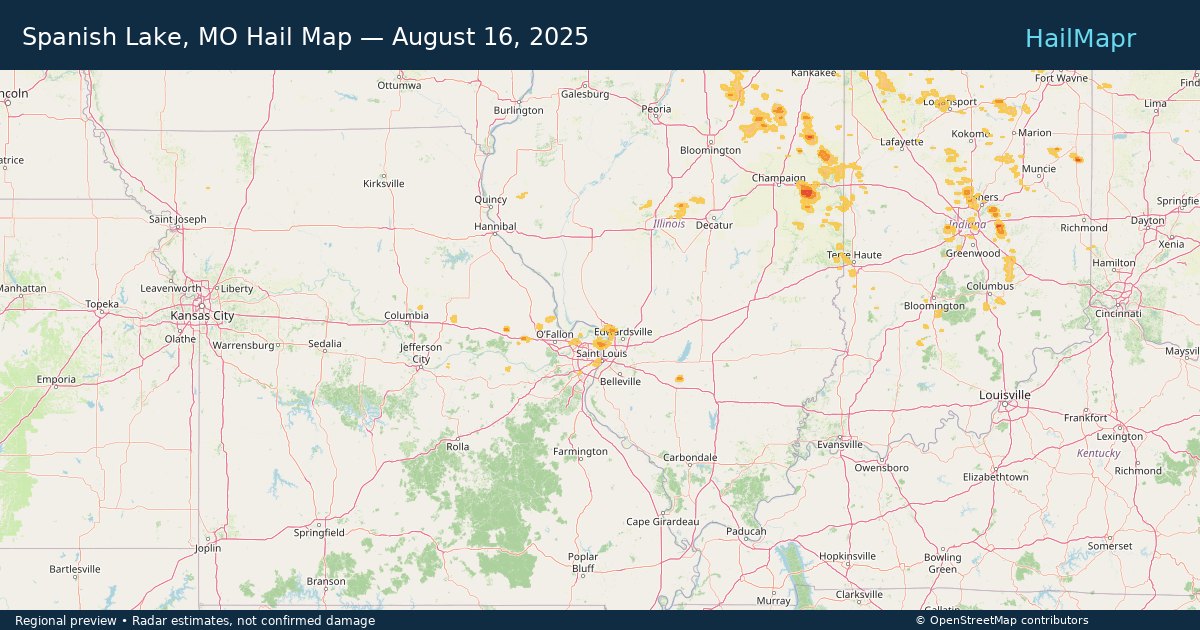 Spanish Lake, MO Hail Map — August 16, 2025 — regional heatmap and storm polygons