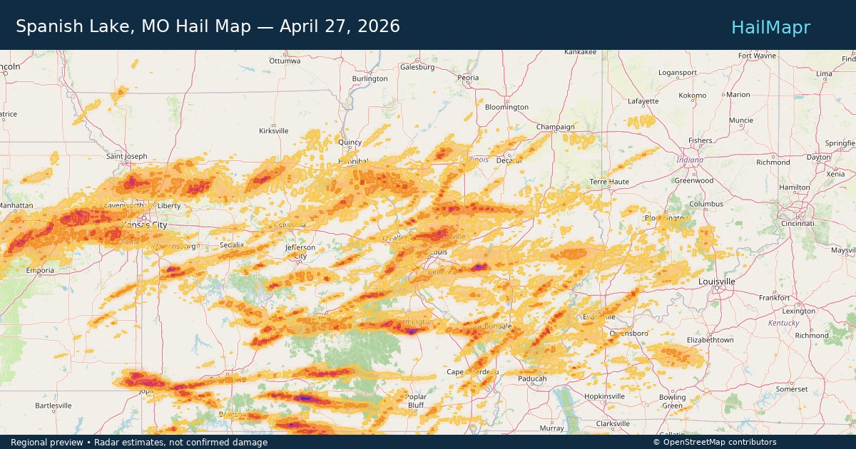Spanish Lake, MO Hail Map — April 27, 2026 — regional heatmap and storm polygons