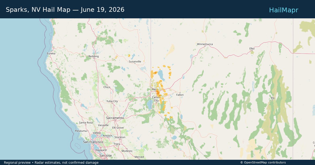 Sparks, NV Hail Map — June 19, 2026 — regional heatmap and storm polygons