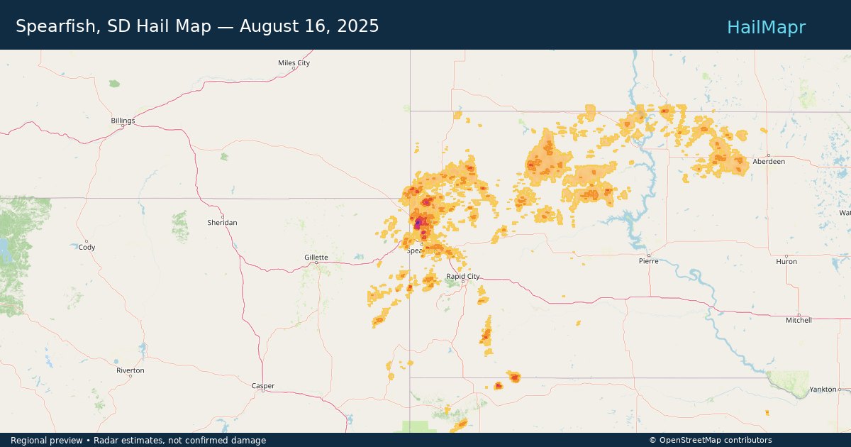 Spearfish, SD Hail Map — August 16, 2025 — regional heatmap and storm polygons