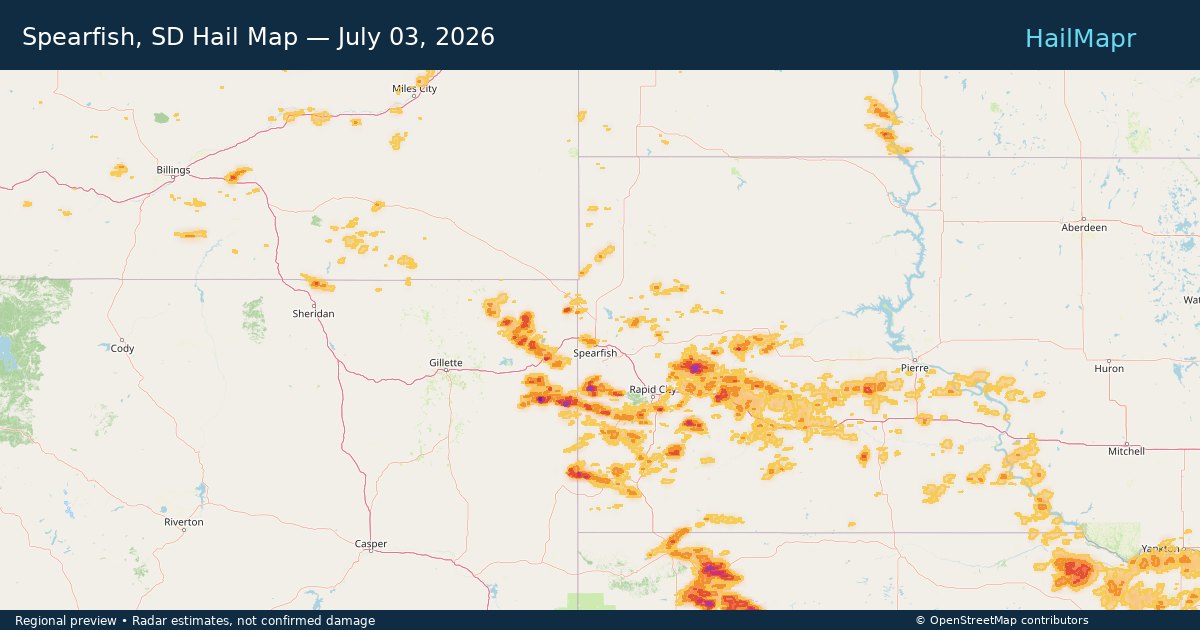 Spearfish, SD Hail Map — July 03, 2026 — regional heatmap and storm polygons