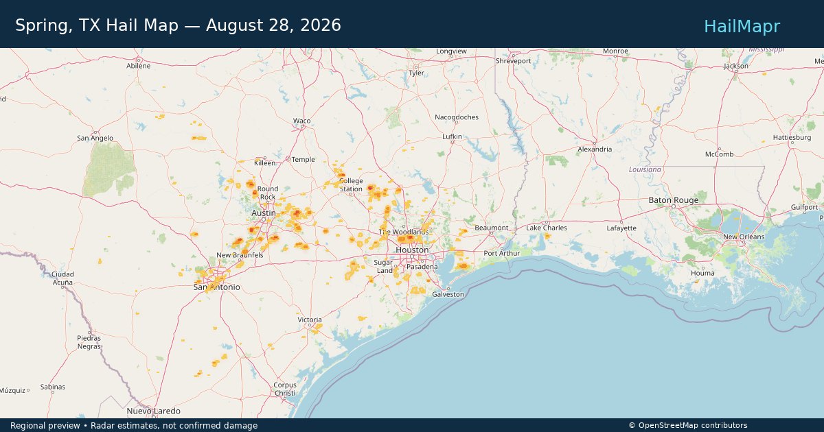 Spring, TX Hail Map — August 28, 2026 — regional heatmap and storm polygons