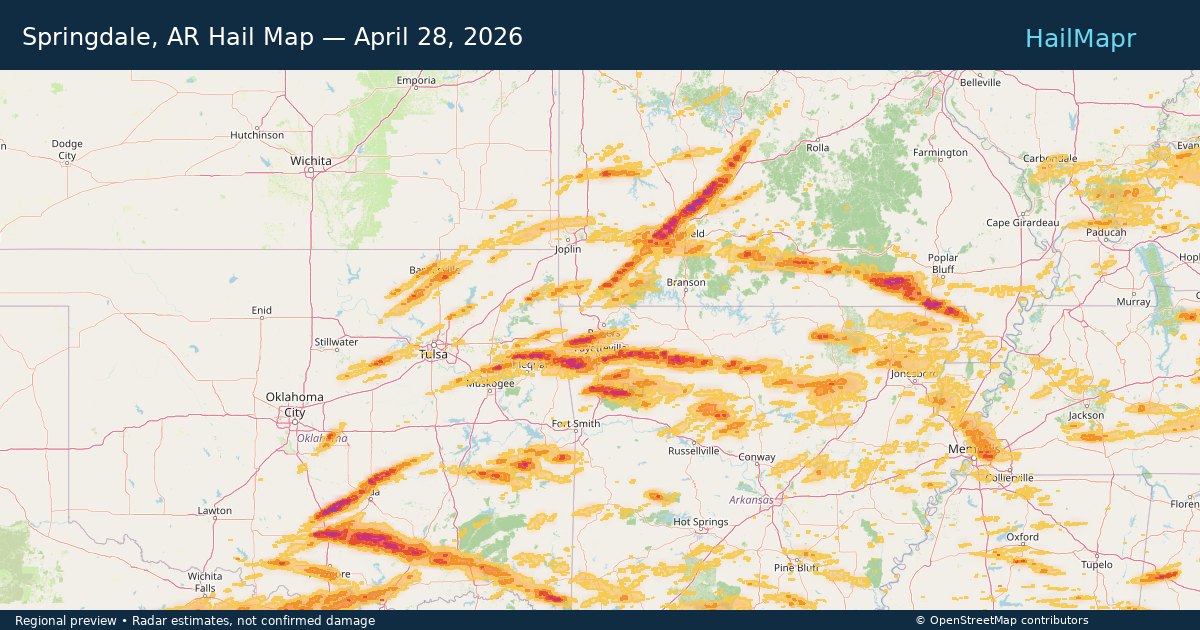 Springdale, AR Hail Map — April 28, 2026 — regional heatmap and storm polygons