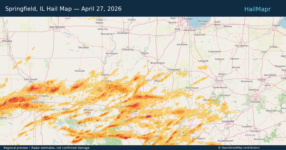 Springfield, IL Hail Map — April 27, 2026 — regional heatmap and storm polygons