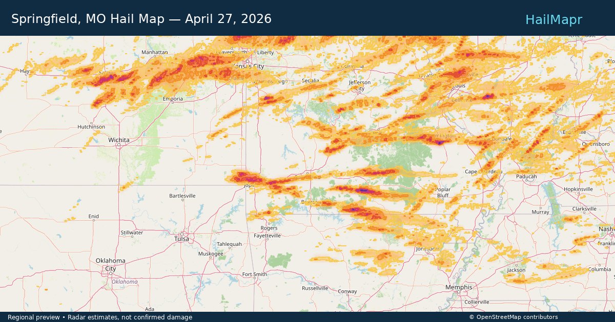 Springfield, MO — April 27, 2026 — regional hail footprint preview