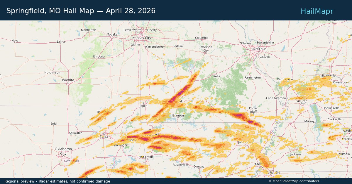 Springfield, MO Hail Map — April 28, 2026 — regional heatmap and storm polygons