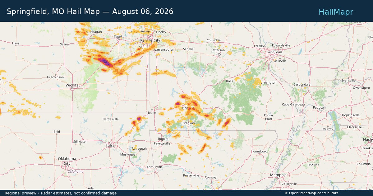 Springfield, MO Hail Map — August 06, 2026 — regional heatmap and storm polygons
