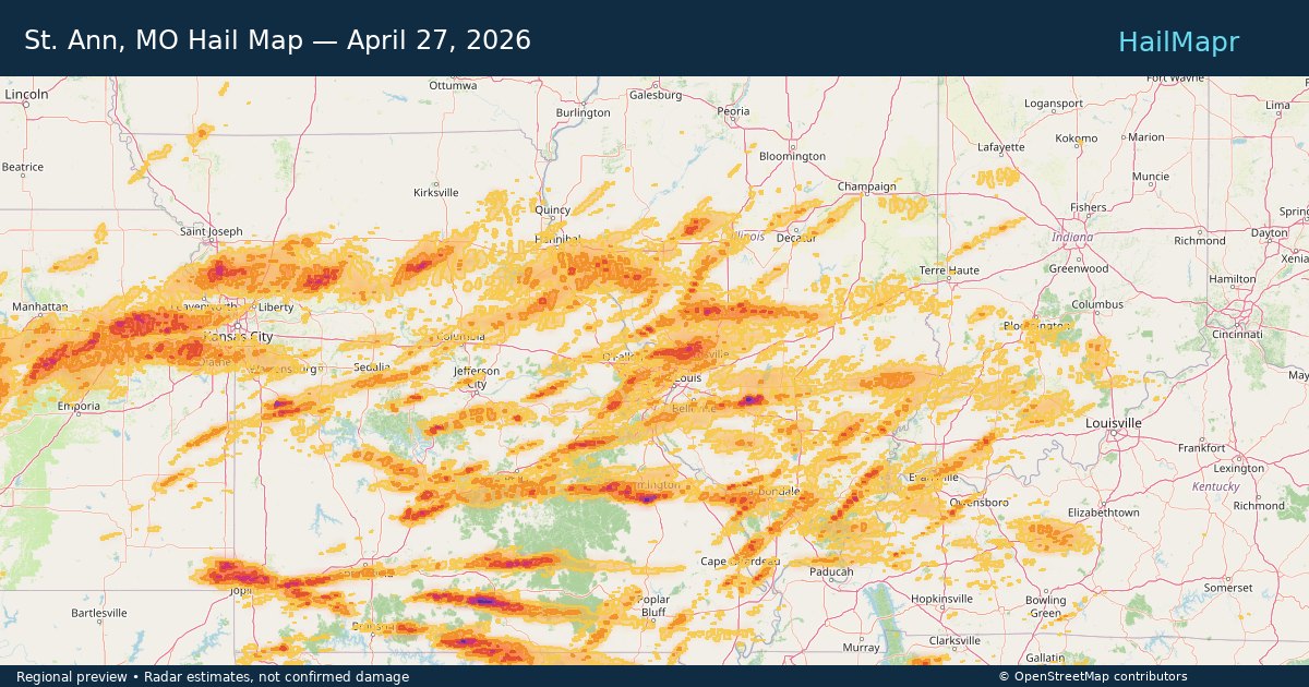 St. Ann, MO Hail Map — April 27, 2026 — regional heatmap and storm polygons
