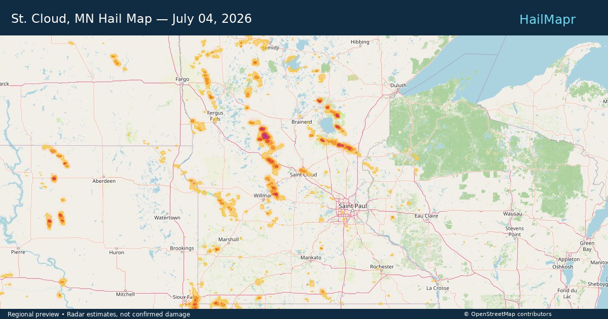 St. Cloud, MN — July 04, 2026 — regional hail footprint preview
