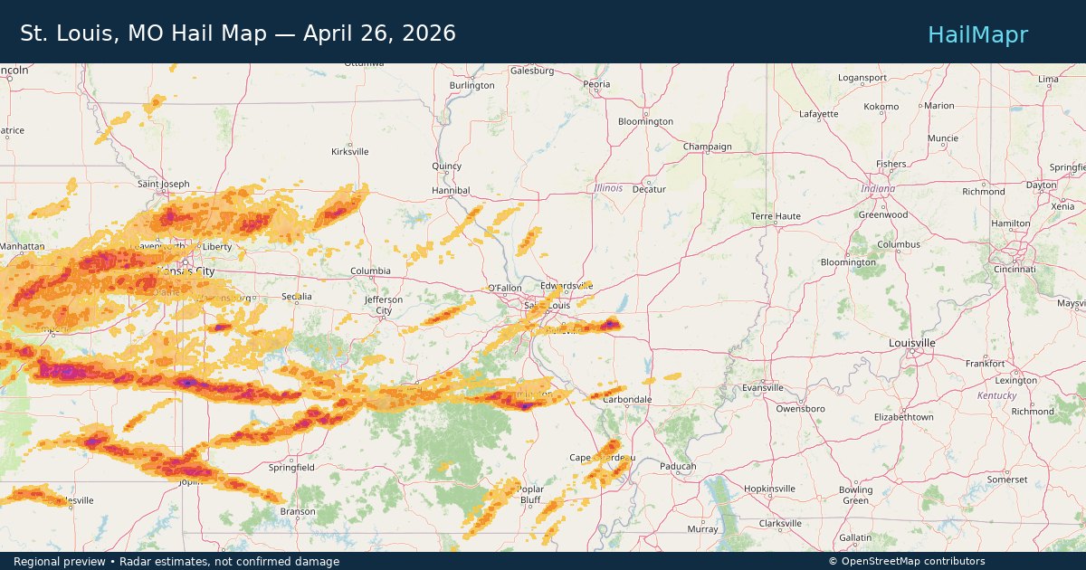 St. Louis, MO Hail Map — April 26, 2026 — regional heatmap and storm polygons