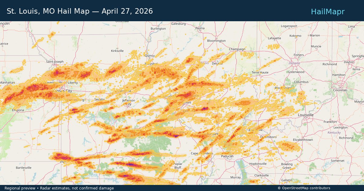 St. Louis, MO Hail Map — April 27, 2026 — regional heatmap and storm polygons