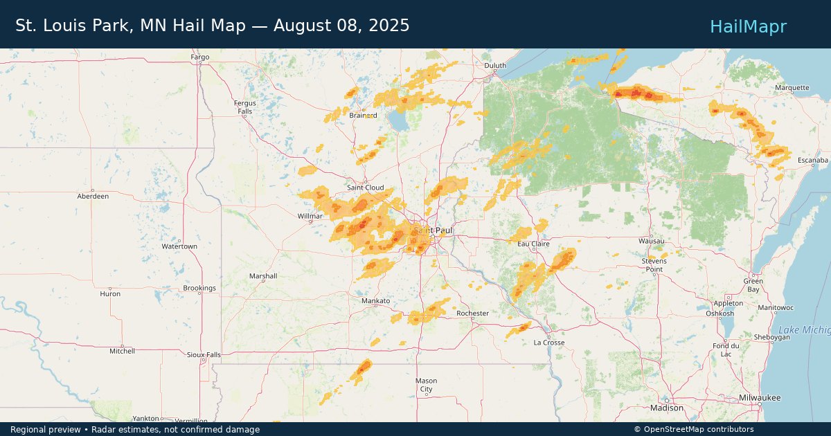 St. Louis Park, MN Hail Map — August 08, 2025 — regional heatmap and storm polygons