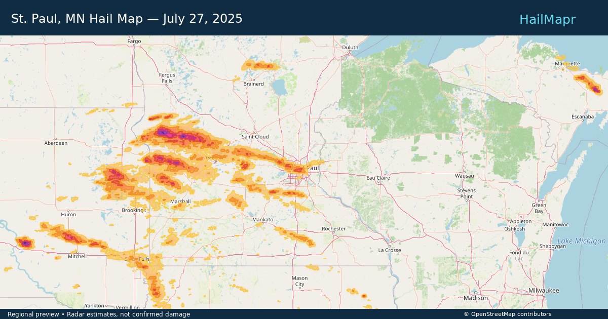 St. Paul, MN Hail Map — July 27, 2025 — regional heatmap and storm polygons