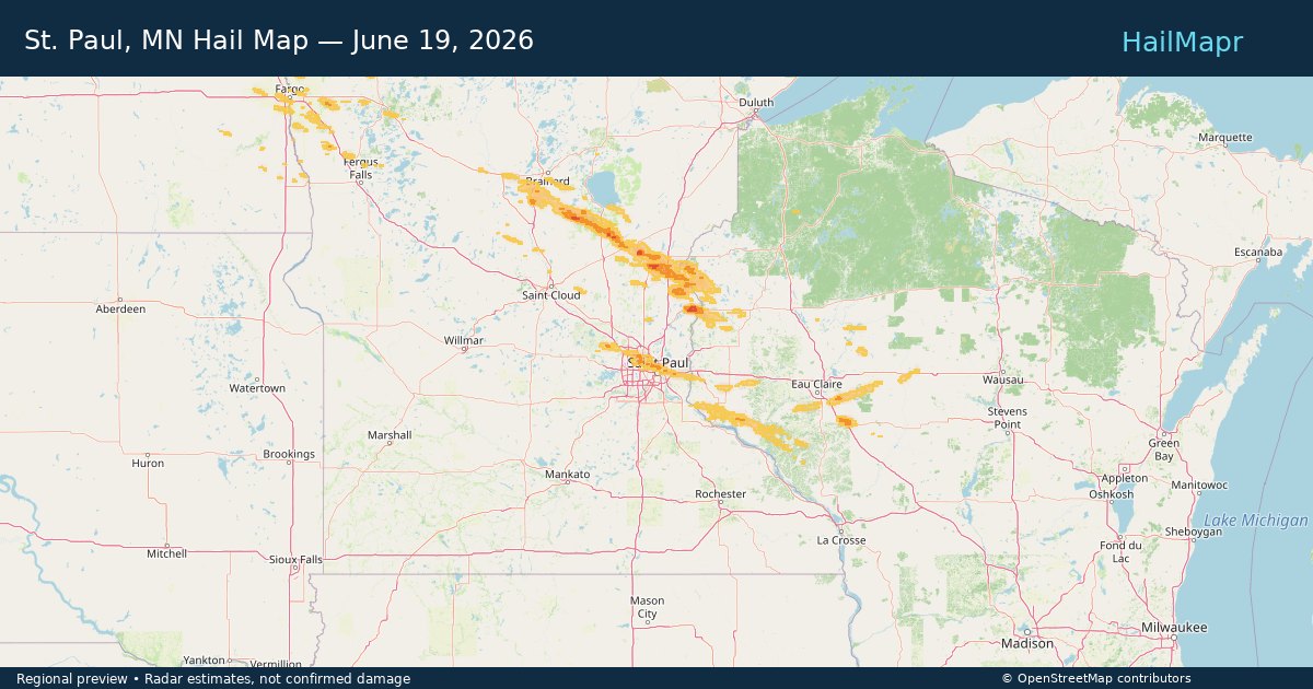 St. Paul, MN Hail Map — June 19, 2026 — regional heatmap and storm polygons