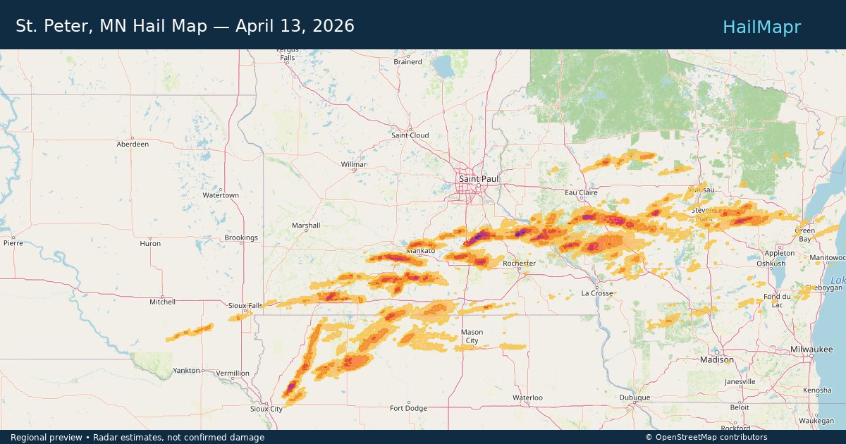 St. Peter, MN Hail Map — April 13, 2026 — regional heatmap and storm polygons
