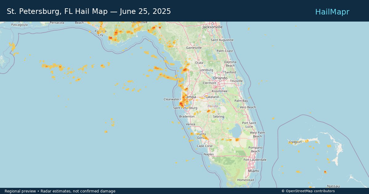 St. Petersburg, FL Hail Map — June 25, 2025 — regional heatmap and storm polygons