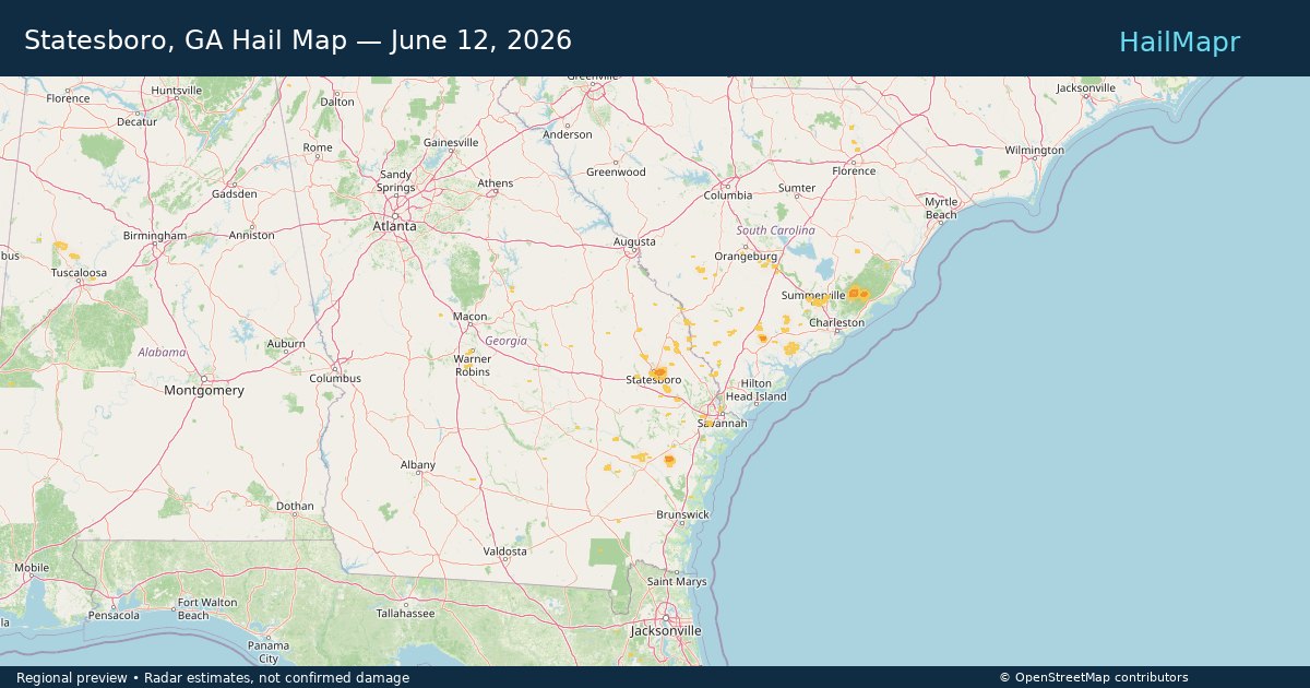 Statesboro, GA Hail Map — June 12, 2026 — regional heatmap and storm polygons