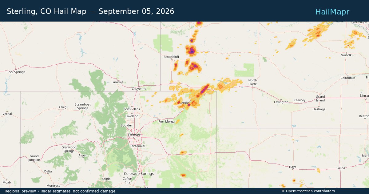 Sterling, CO Hail Map — September 05, 2026 — regional heatmap and storm polygons